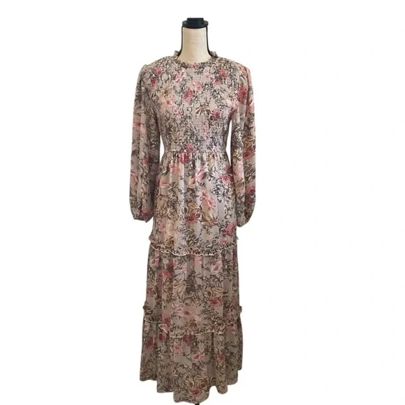 Coquette Girl Romantic Floral Dress size 10 Sage Pink Long Sleeve Mock Neck Maxi - Picture 1 of 4